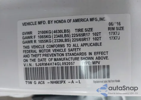 2016 Honda Cr-V Ex-L from USA, damaged, VIN 5J6RM4H74GL092057